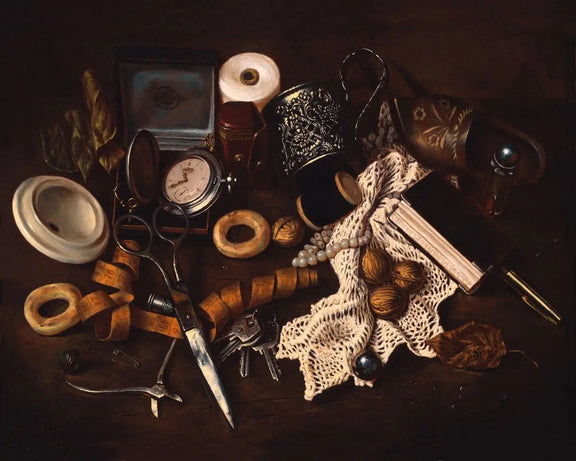 Still Life Oil Painting - Sewing Tools, Clock and Trinkets - Oil Painting Haven
