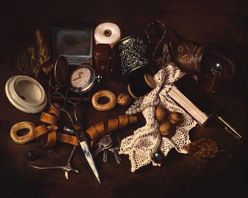 Still Life Oil Painting - Sewing Tools, Clock and Trinkets - Oil Painting Haven