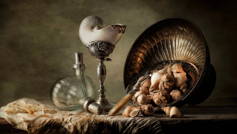 Still Life Oil Painting - Shells, Metalware and Glass Bottle - Oil Painting Haven