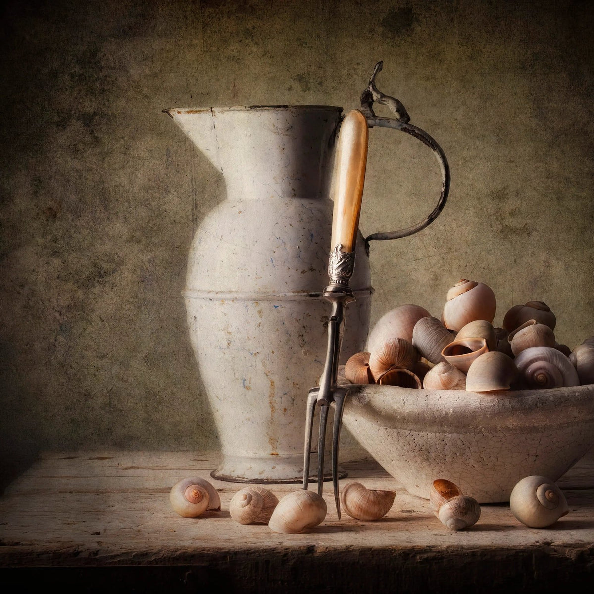 Still Life Oil Painting - Shells, Pottery and Utensil - Oil Painting Haven