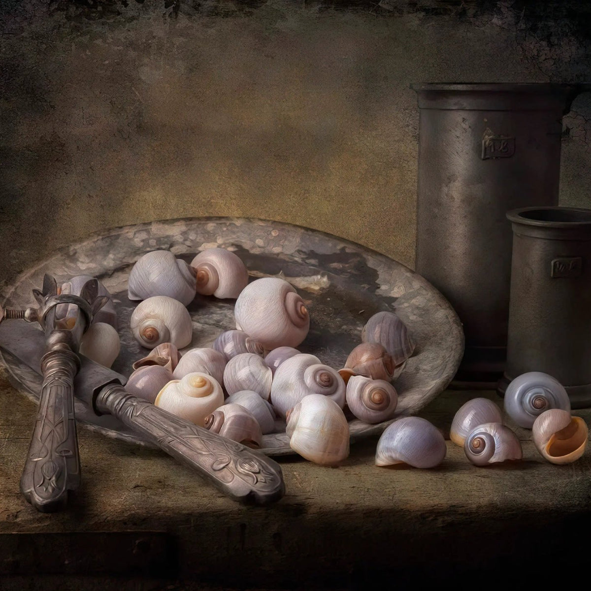 Still Life Oil Painting - Shells, Vintage Utensils and Metalware - Oil Painting Haven