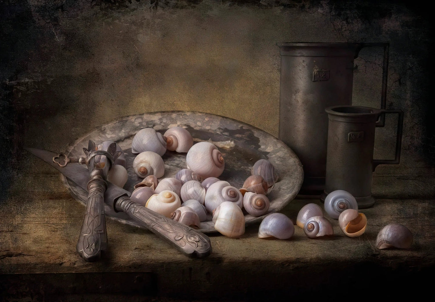 Still Life Oil Painting - Shells, Vintage Utensils and Metalware - Oil Painting Haven