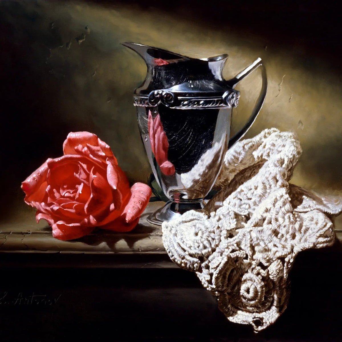 Still Life Oil Painting - Silver Pitcher, Rose and Crochet Cloth - Oil Painting Haven