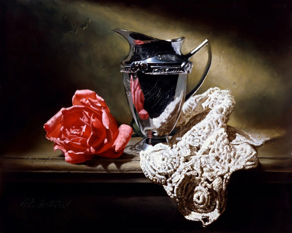 Still Life Oil Painting - Silver Pitcher, Rose and Crochet Cloth - Oil Painting Haven