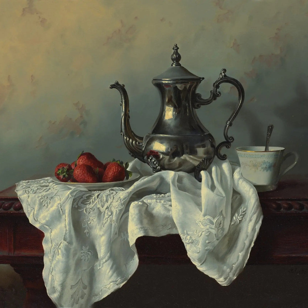 Still Life Oil Painting - Silver Teapot, Strawberries and Cup - Oil Painting Haven