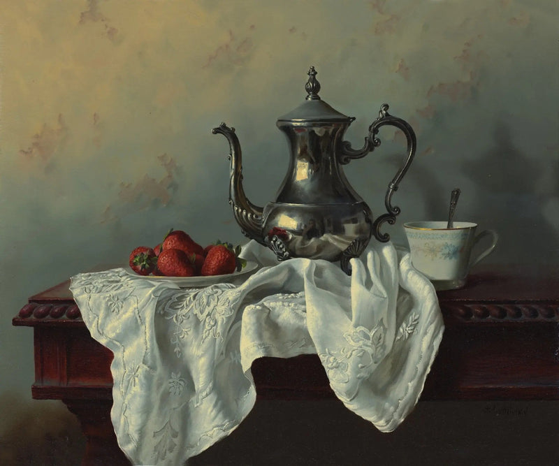 Still Life Oil Painting - Silver Teapot, Strawberries and Cup - Oil Painting Haven
