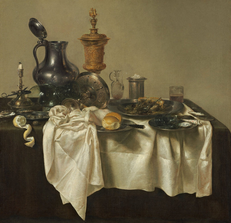 Still Life Oil Painting - Silverware and White Drapery