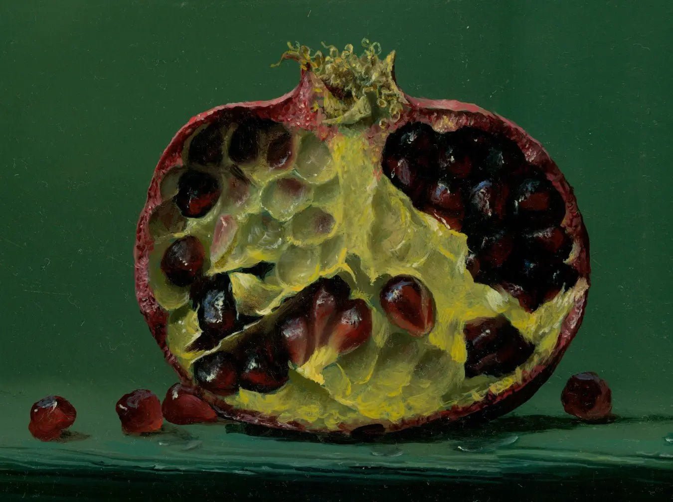 Still Life Oil Painting - Split Pomegranate with Seeds - Oil Painting Haven