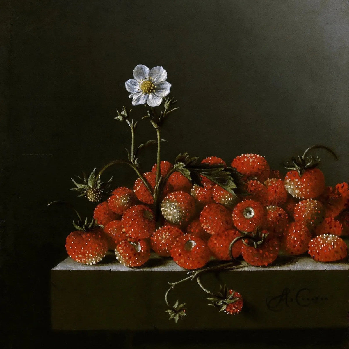 Still Life Oil Painting - Strawberries and Flower - Oil Painting Haven