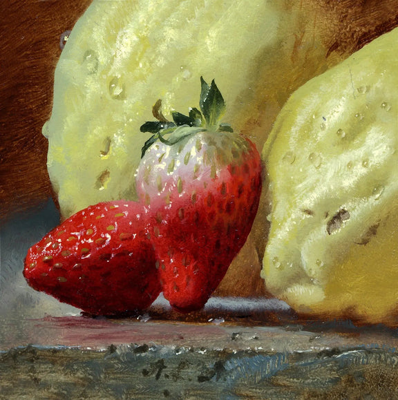 Still Life Oil Painting - Strawberries and Yellow Fruits - Oil Painting Haven