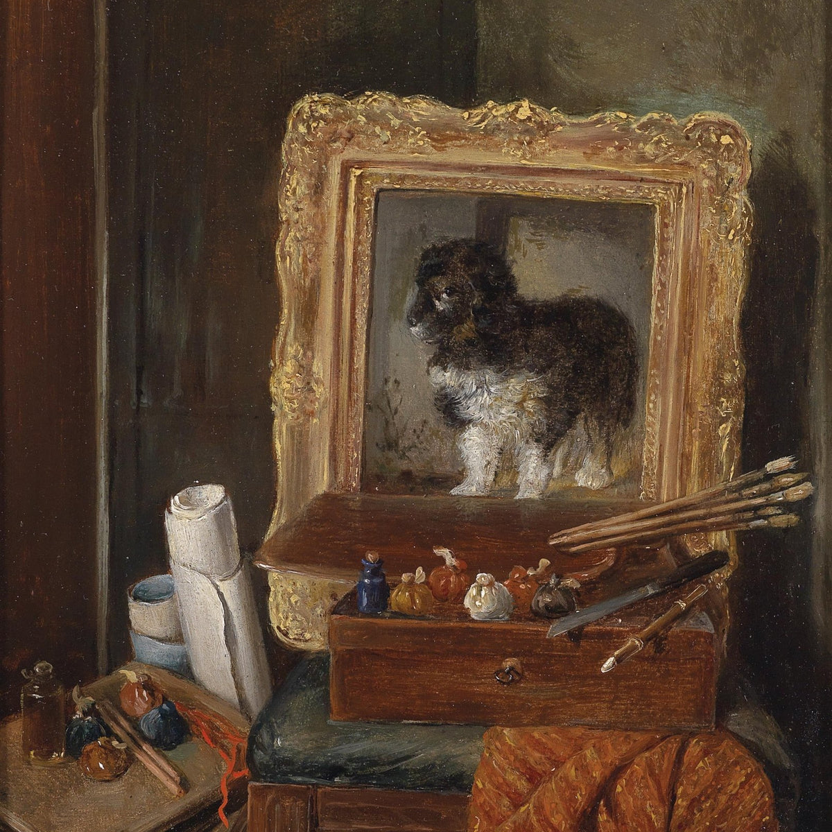 Still Life Oil Painting - Studio with Dog Portrait - Oil Painting Haven