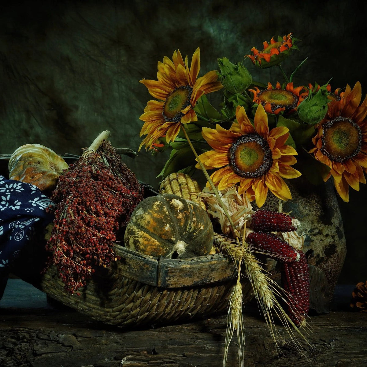 Still Life Oil Painting - Sunflowers, Harvest Produce and Vase - Oil Painting Haven