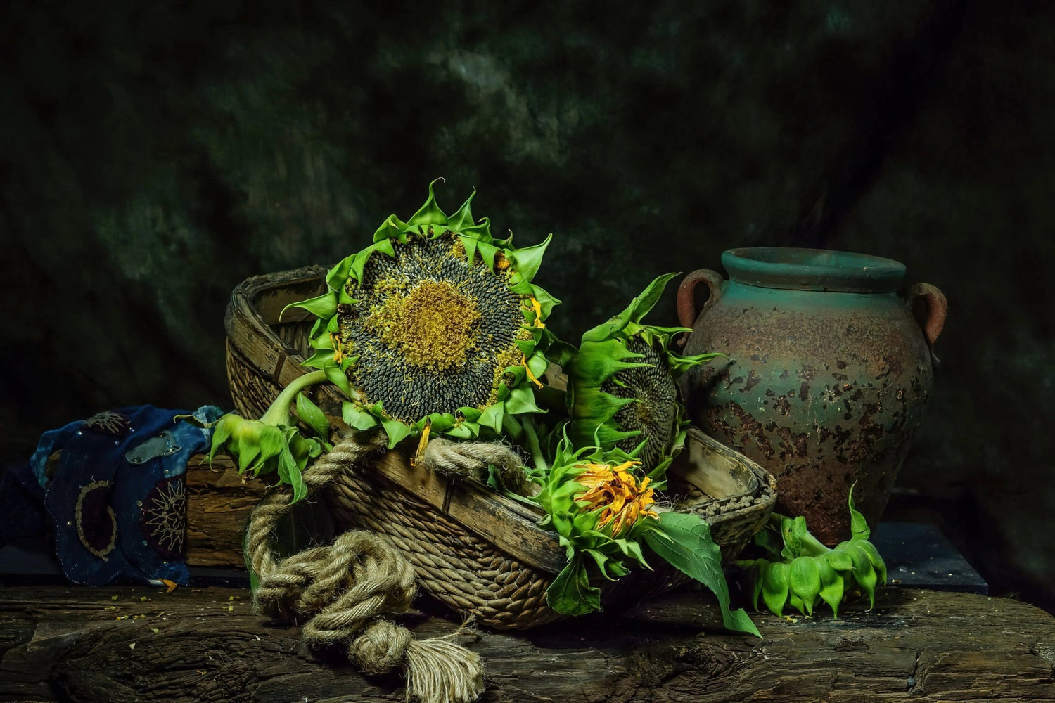 Still Life Oil Painting - Sunflowers, Woven Basket and Ceramic Vase - Oil Painting Haven