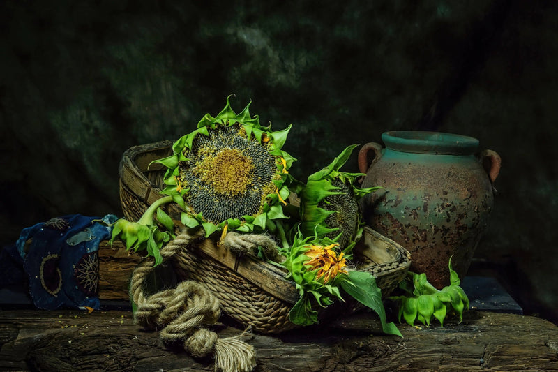 Still Life Oil Painting - Sunflowers, Woven Basket and Ceramic Vase - Oil Painting Haven