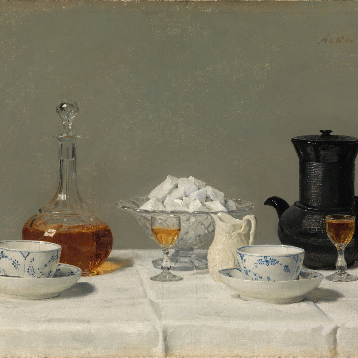 Still Life Oil Painting - Tea Service and Decanter - Oil Painting Haven