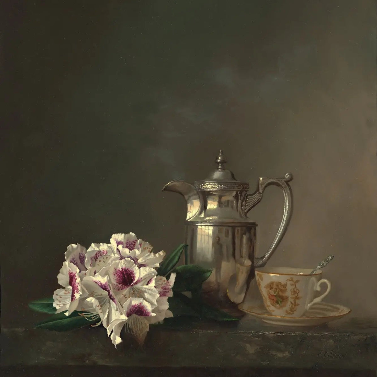 Still Life Oil Painting - Teapot, Cup and Flowers - Oil Painting Haven