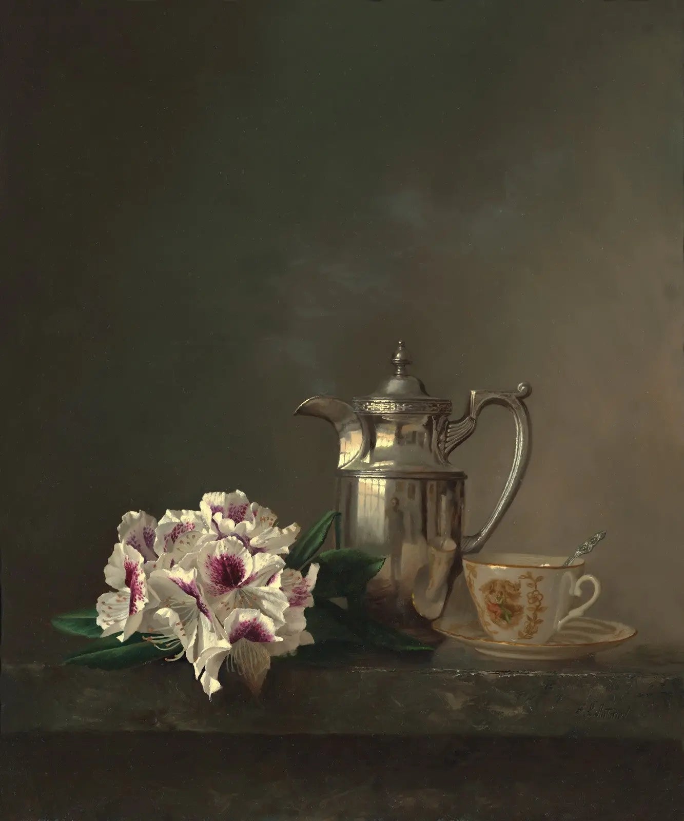 Still Life Oil Painting - Teapot, Cup and Flowers - Oil Painting Haven