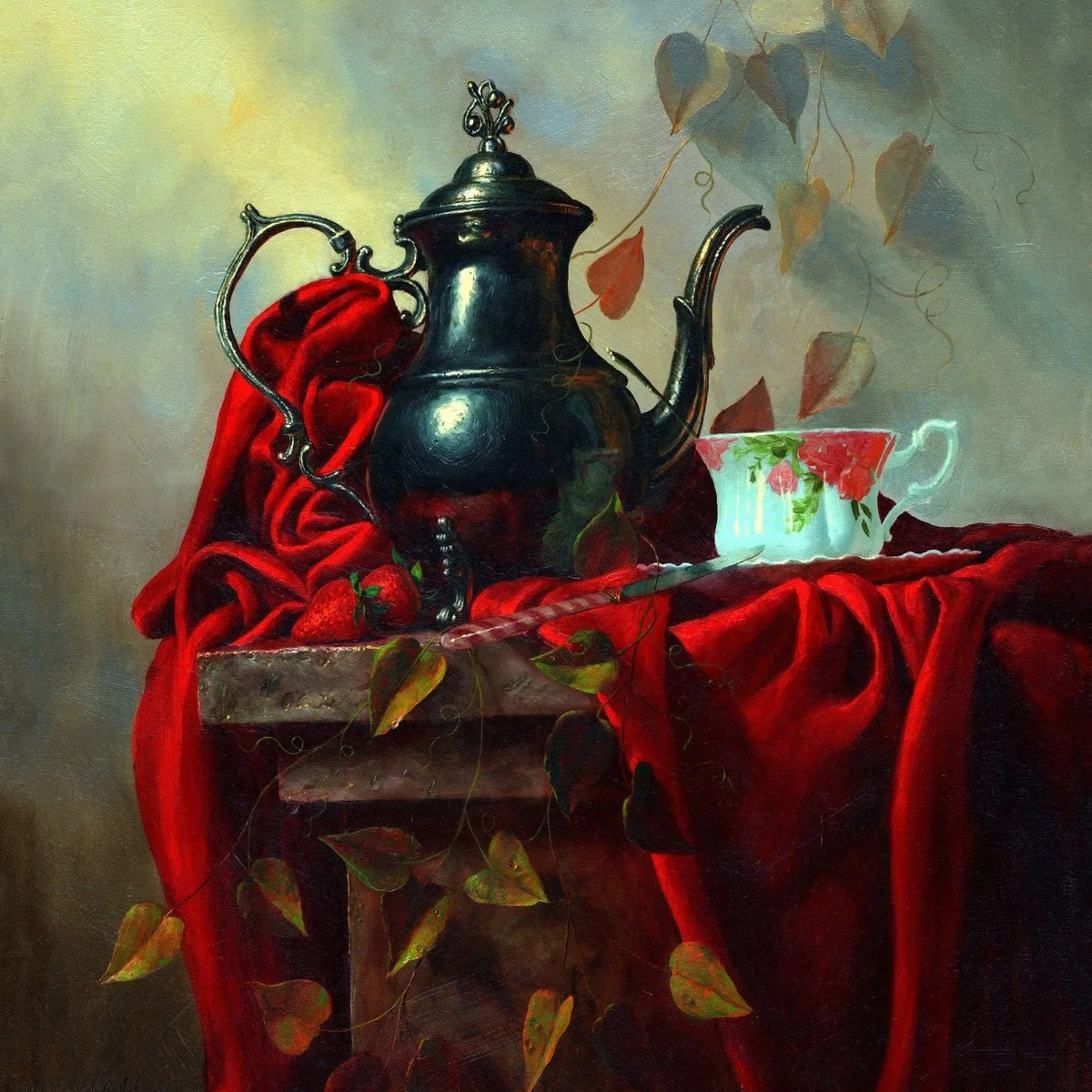 Still Life Oil Painting - Teapot, Cup and Strawberries - Oil Painting Haven