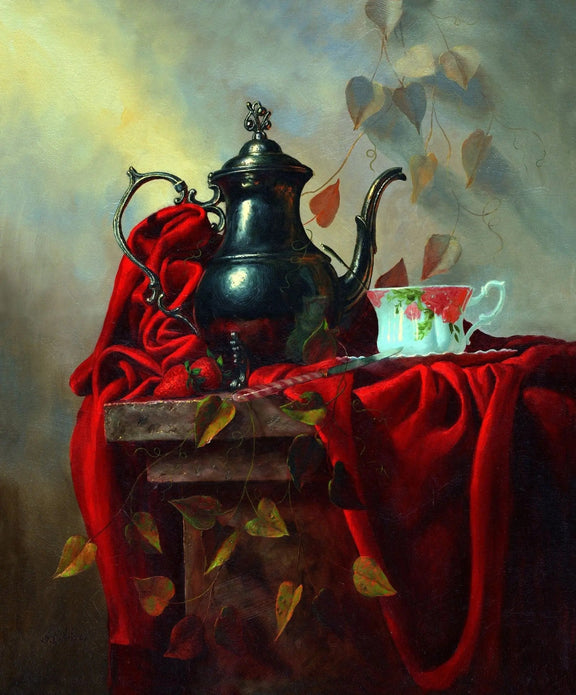 Still Life Oil Painting - Teapot, Cup and Strawberries - Oil Painting Haven
