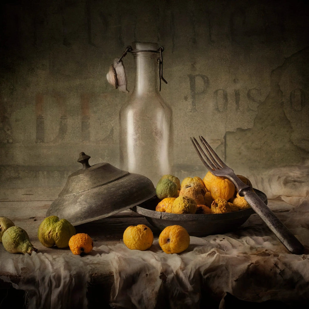 Still Life Oil Painting - Textured Fruits, Glass Bottle and Metalware - Oil Painting Haven
