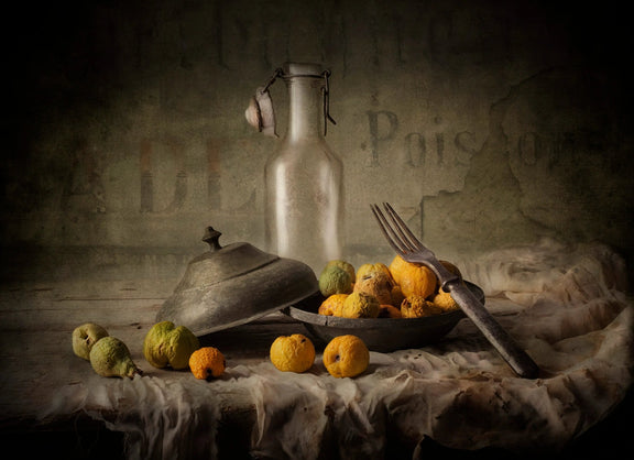 Still Life Oil Painting - Textured Fruits, Glass Bottle and Metalware - Oil Painting Haven