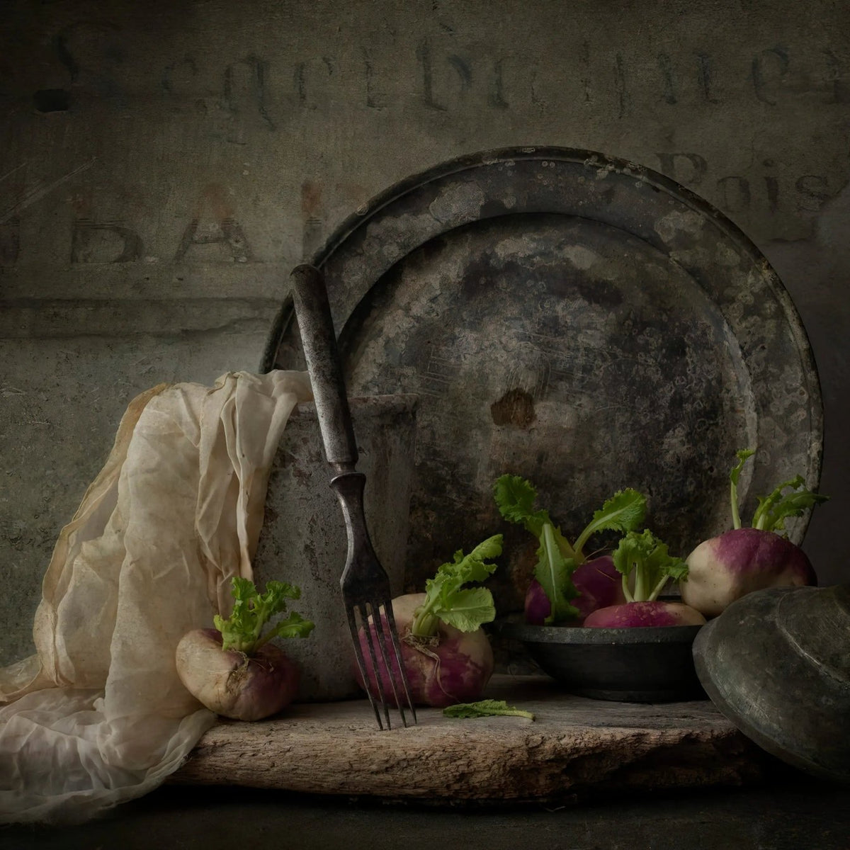 Still Life Oil Painting - Turnips, Metalware and Fabric - Oil Painting Haven