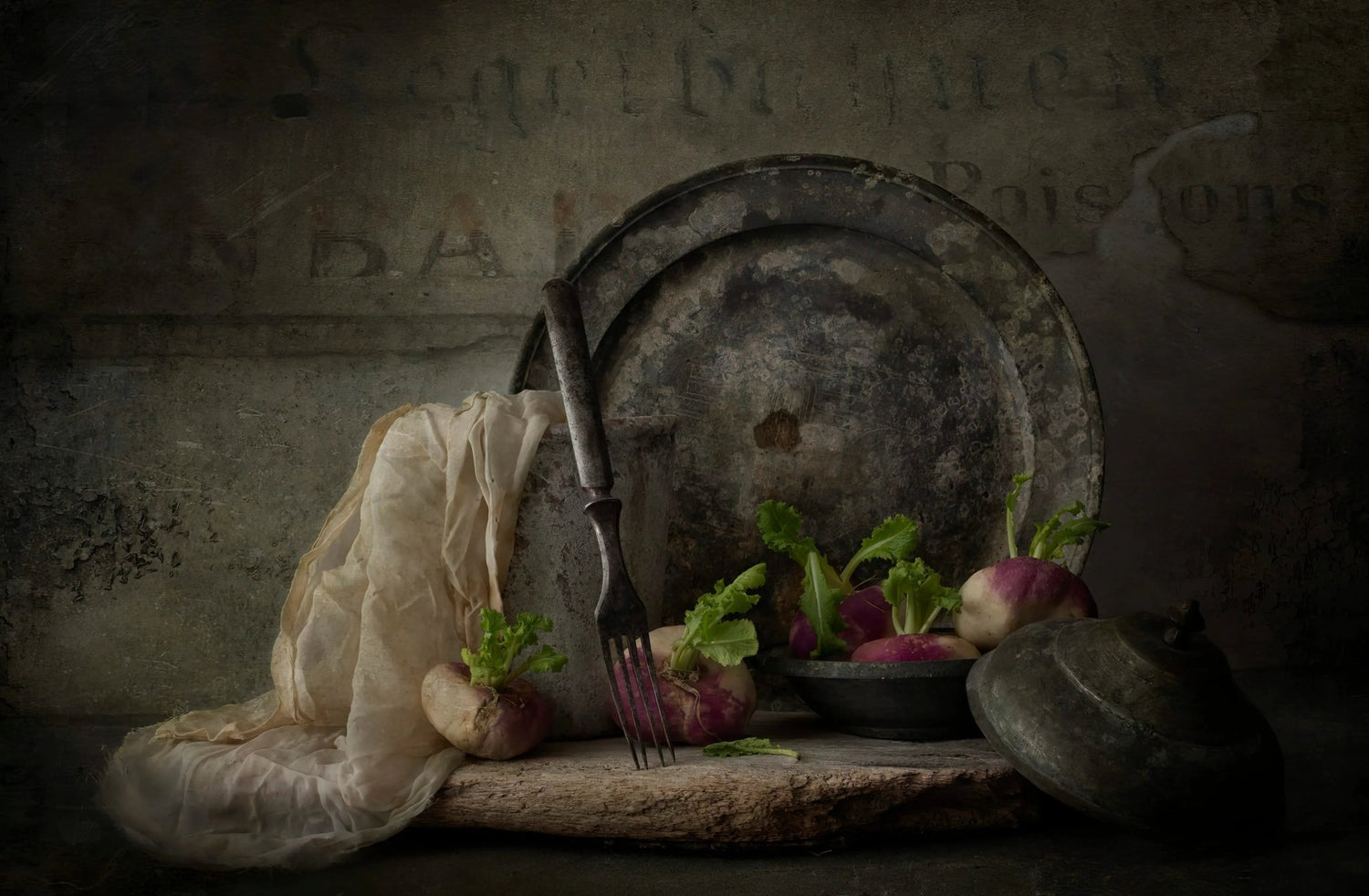 Still Life Oil Painting - Turnips, Metalware and Fabric - Oil Painting Haven