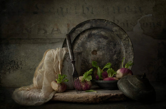 Still Life Oil Painting - Turnips, Metalware and Fabric - Oil Painting Haven