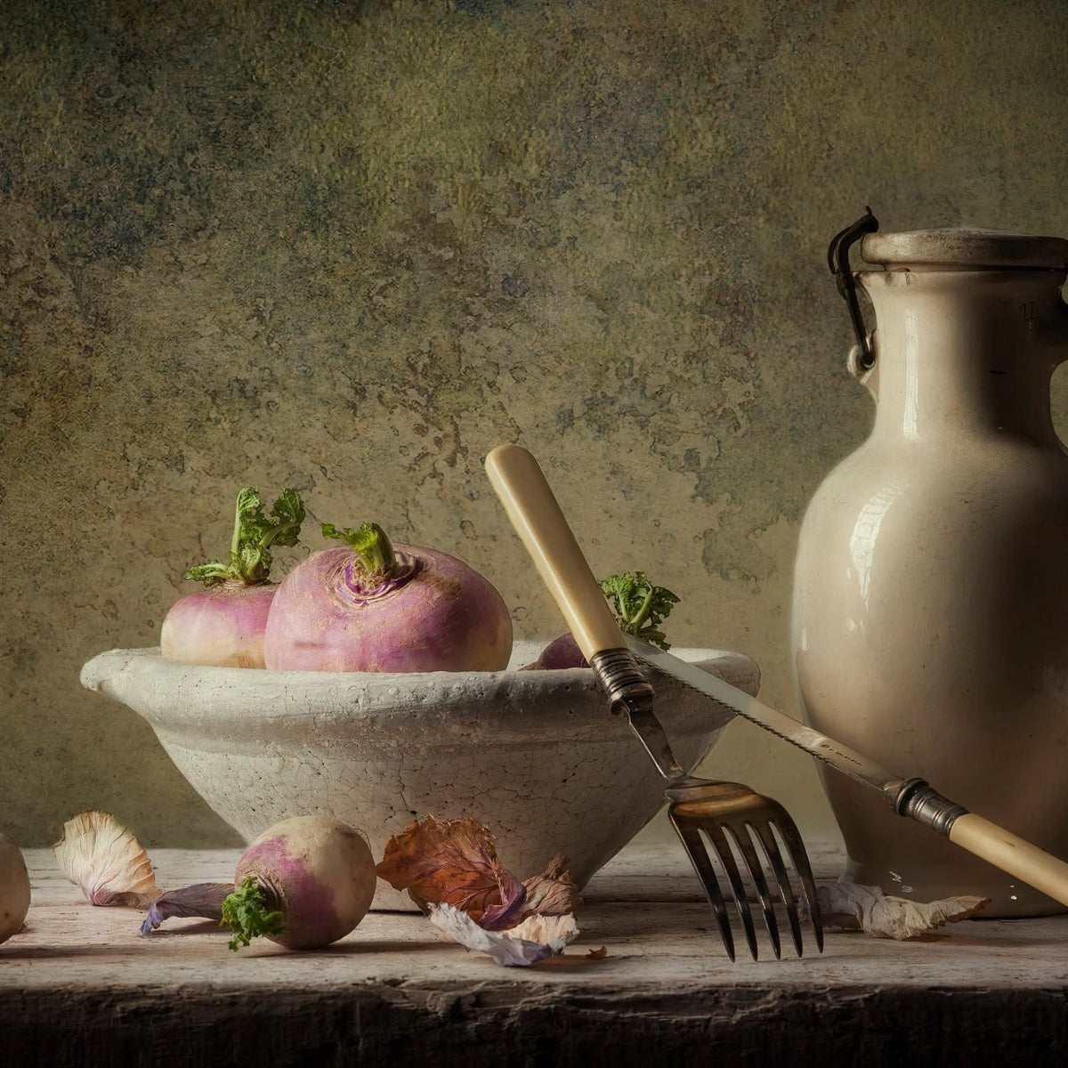 Still Life Oil Painting - Turnips, Pottery and Utensils - Oil Painting Haven