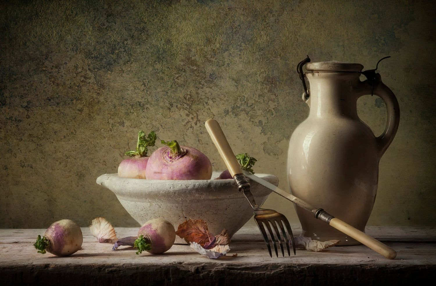 Still Life Oil Painting - Turnips, Pottery and Utensils - Oil Painting Haven