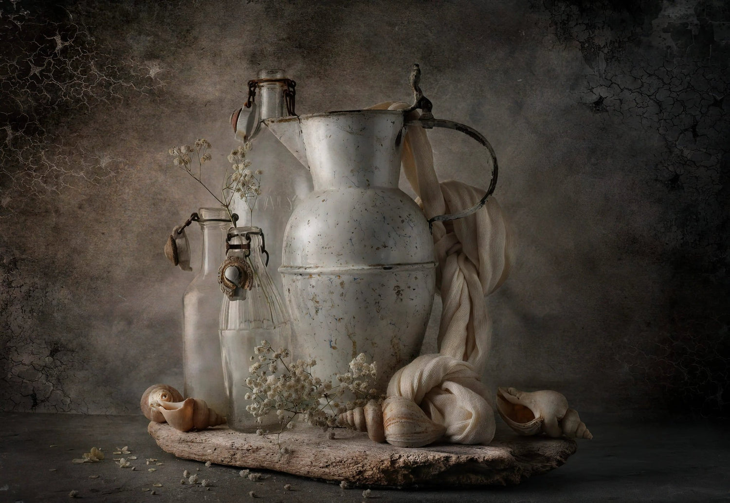 Still Life Oil Painting - Vessels, Shells and Baby's Breath - Oil Painting Haven