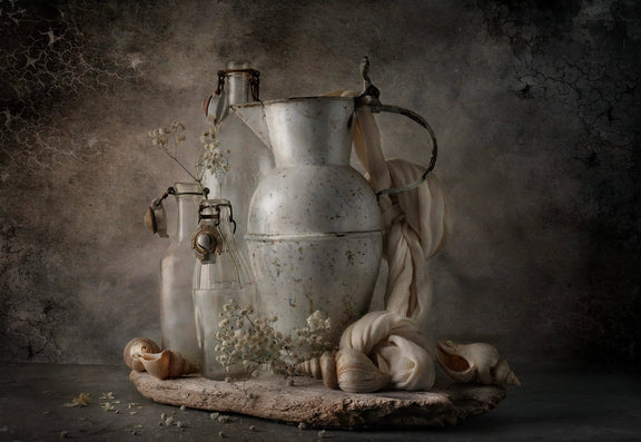 Still Life Oil Painting - Vessels, Shells and Baby's Breath - Oil Painting Haven
