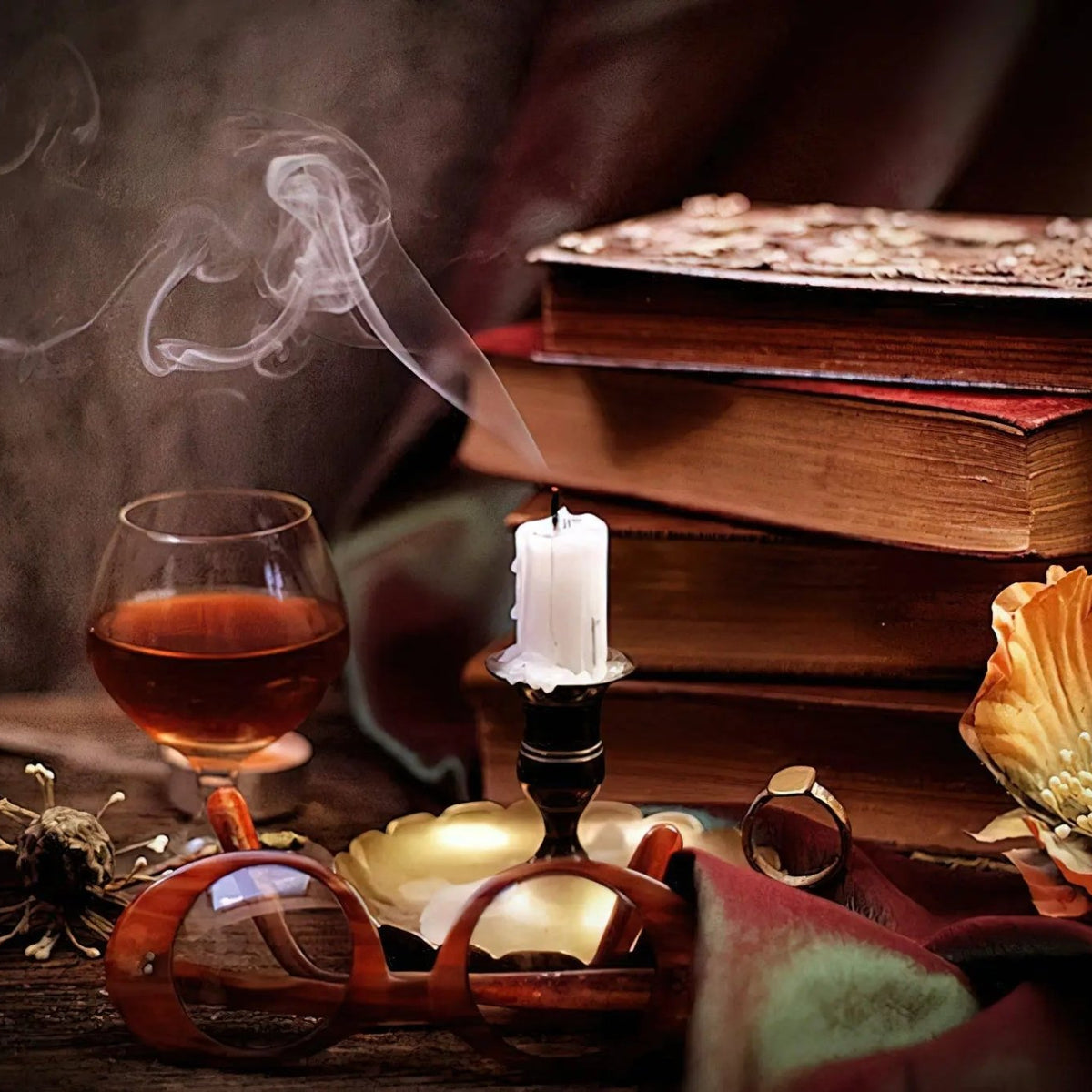 Still Life Oil Painting - Vintage Books, Candle and Glass - Oil Painting Haven