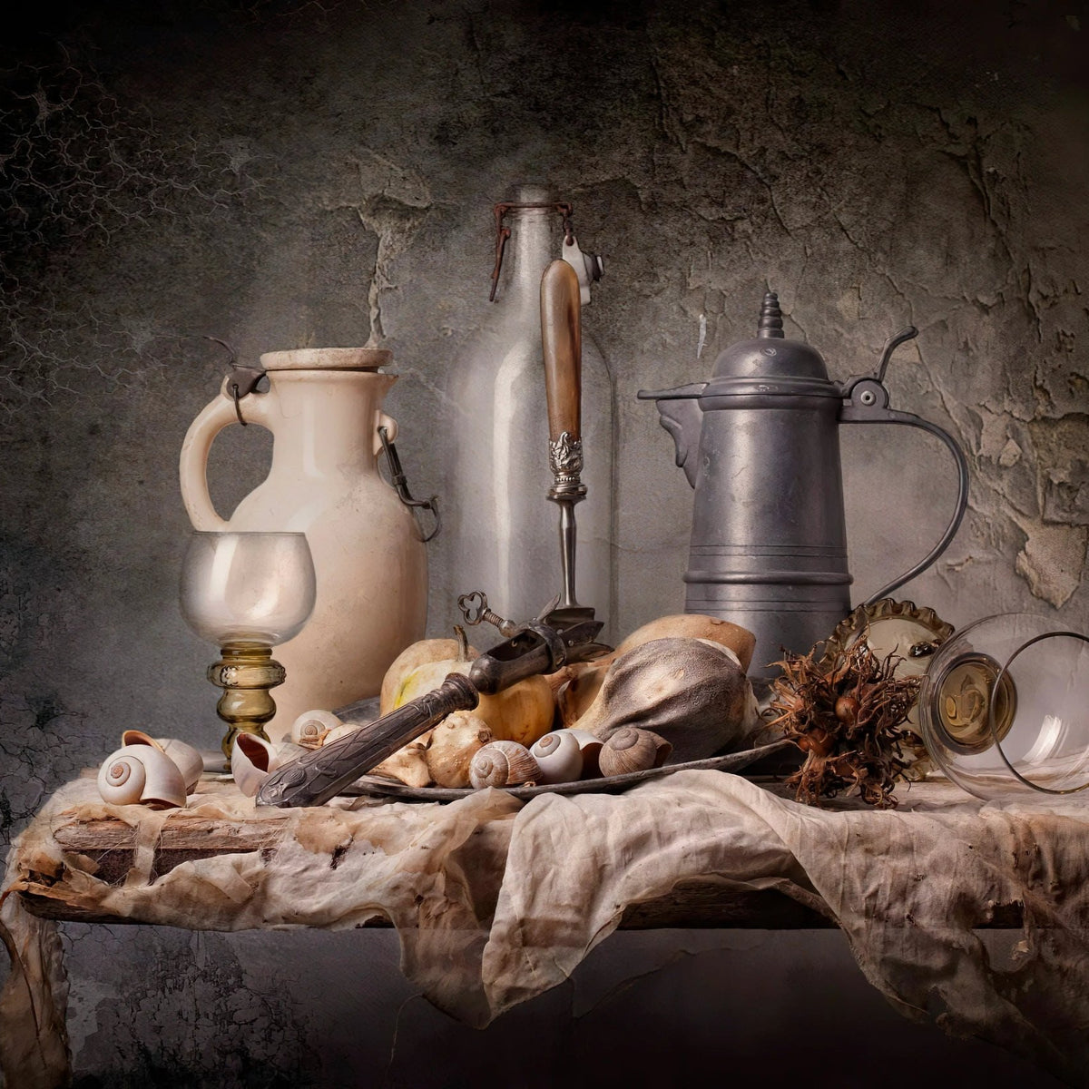 Still Life Oil Painting - Vintage Containers, Glassware and Shells - Oil Painting Haven