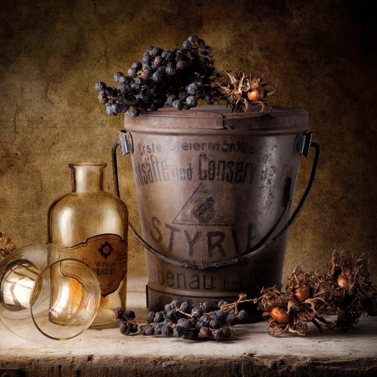 Still Life Oil Painting - Vintage Metal Bucket, Glassware and Dried Fruits - Oil Painting Haven