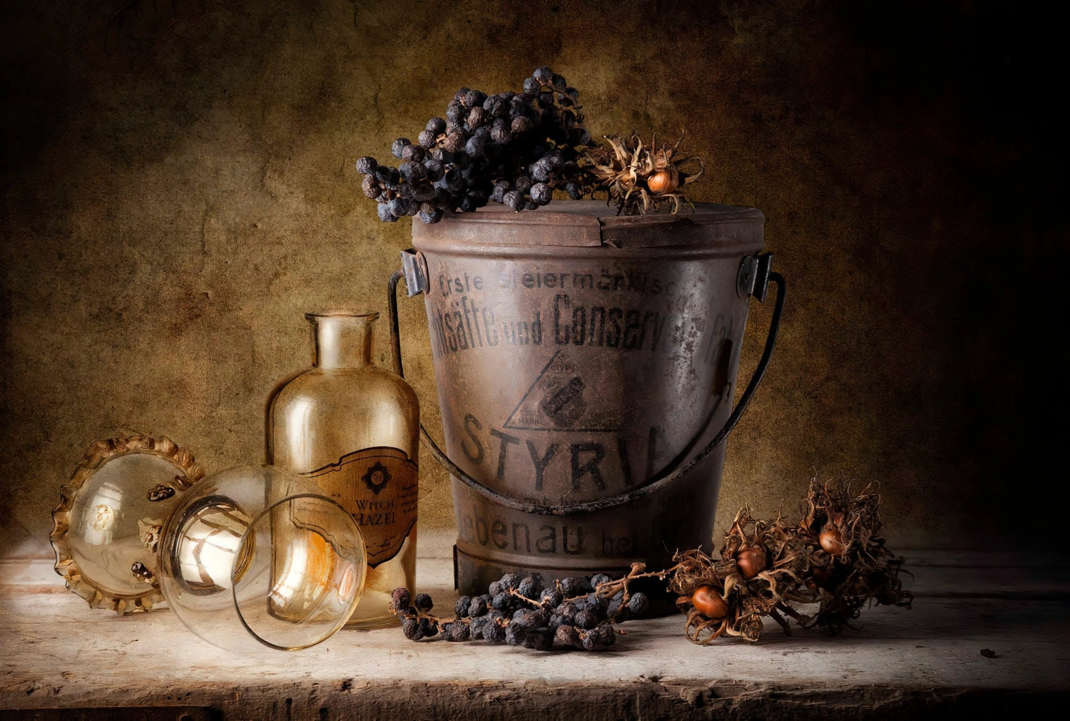 Still Life Oil Painting - Vintage Metal Bucket, Glassware and Dried Fruits - Oil Painting Haven