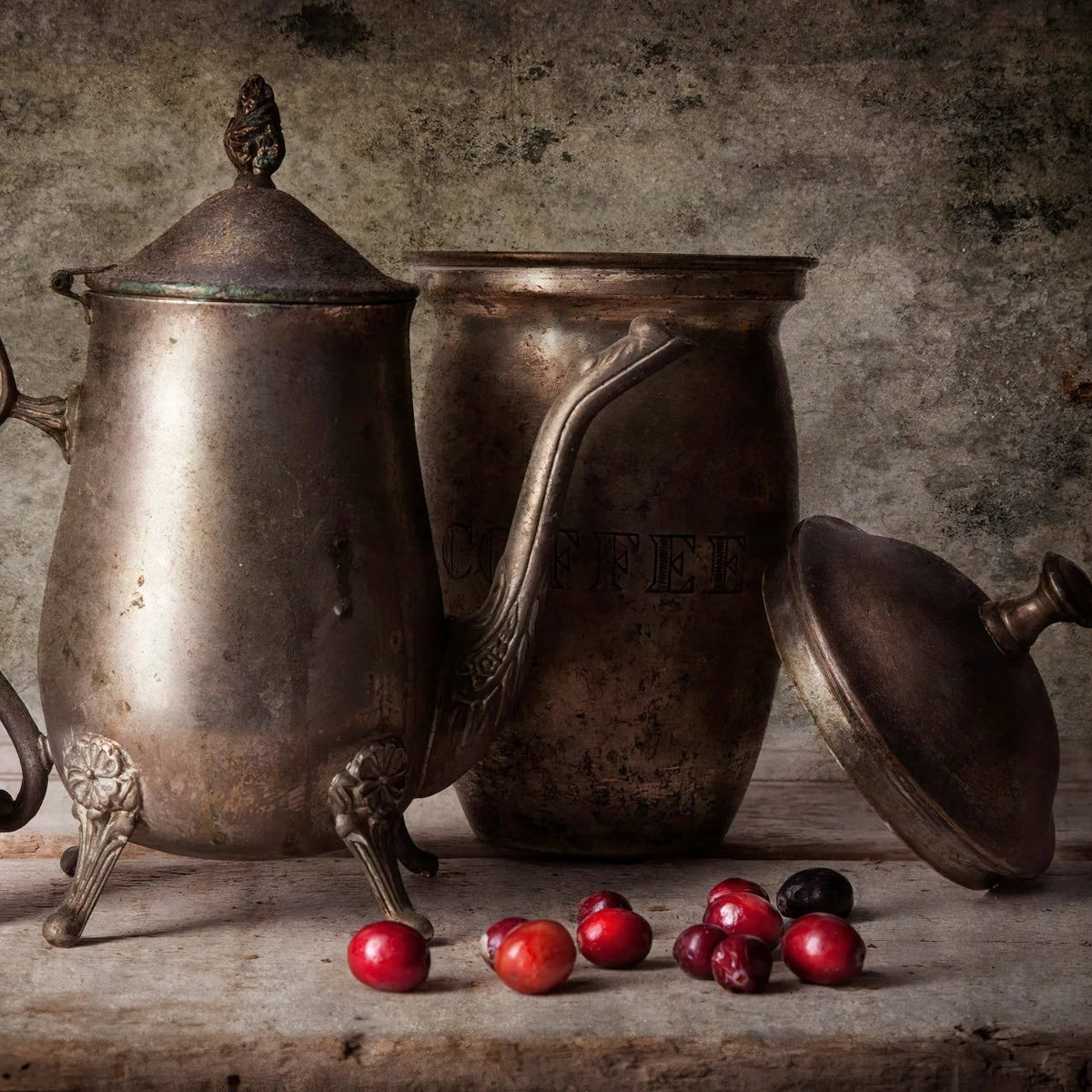 Still Life Oil Painting - Vintage Metalware and Berries - Oil Painting Haven