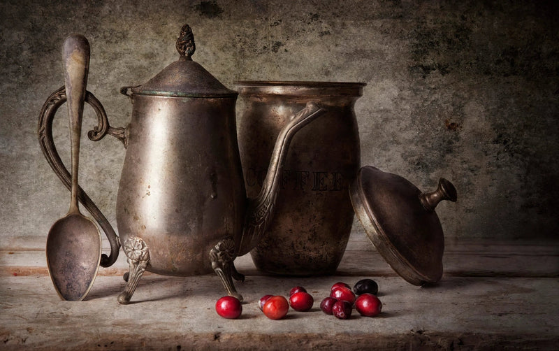 Still Life Oil Painting - Vintage Metalware and Berries - Oil Painting Haven