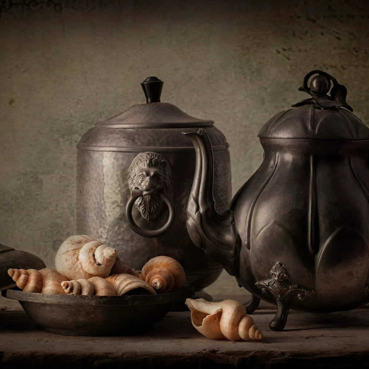 Still Life Oil Painting - Vintage Metalware and Shells - Oil Painting Haven