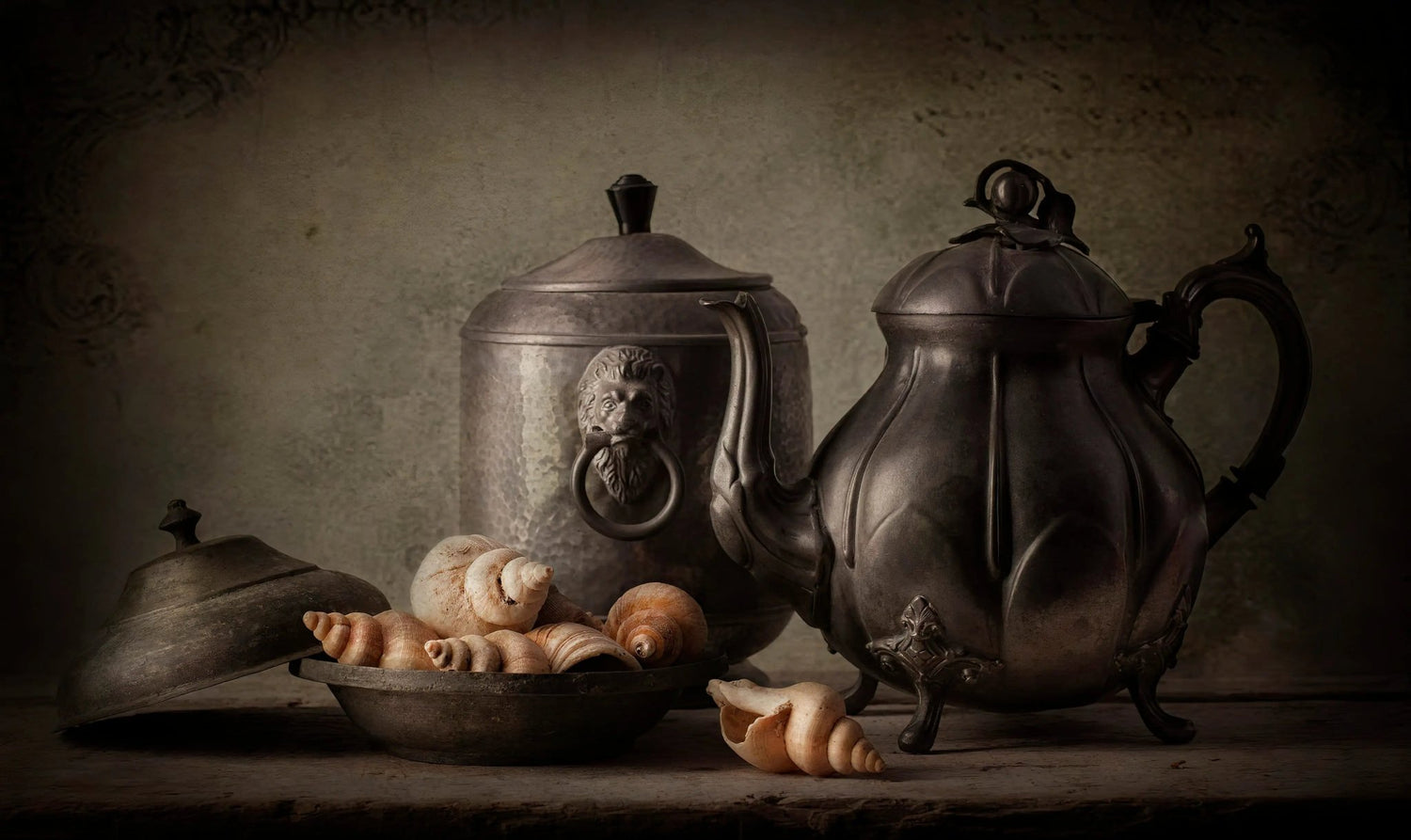 Still Life Oil Painting - Vintage Metalware and Shells - Oil Painting Haven