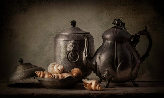Still Life Oil Painting - Vintage Metalware and Shells - Oil Painting Haven
