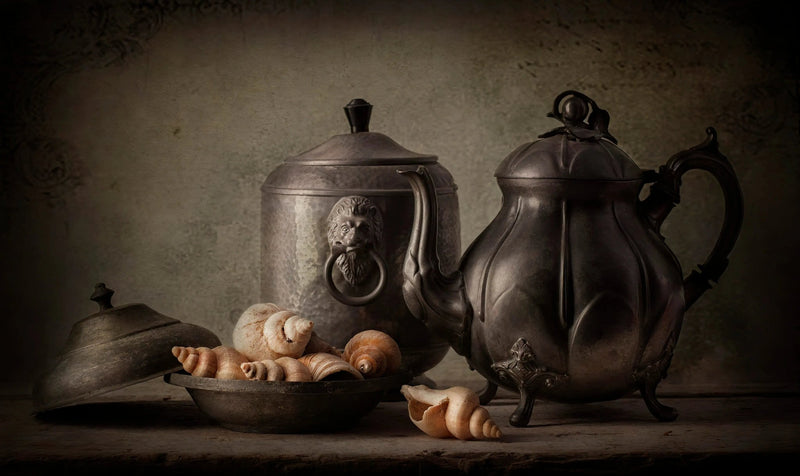 Still Life Oil Painting - Vintage Metalware and Shells - Oil Painting Haven
