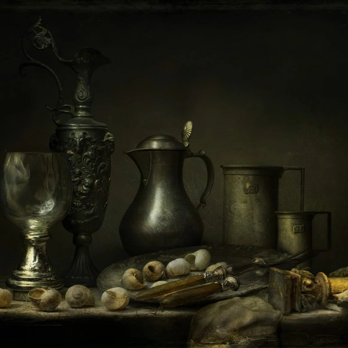 Still Life Oil Painting - Vintage Metalware, Glassware and Shells Wall Art - Oil Painting Haven
