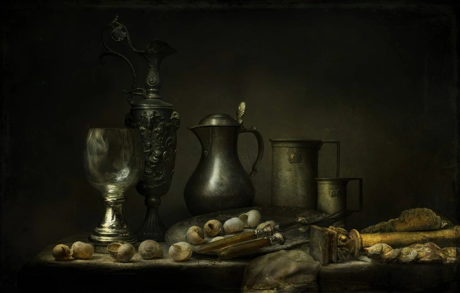 Still Life Oil Painting - Vintage Metalware, Glassware and Shells Wall Art - Oil Painting Haven