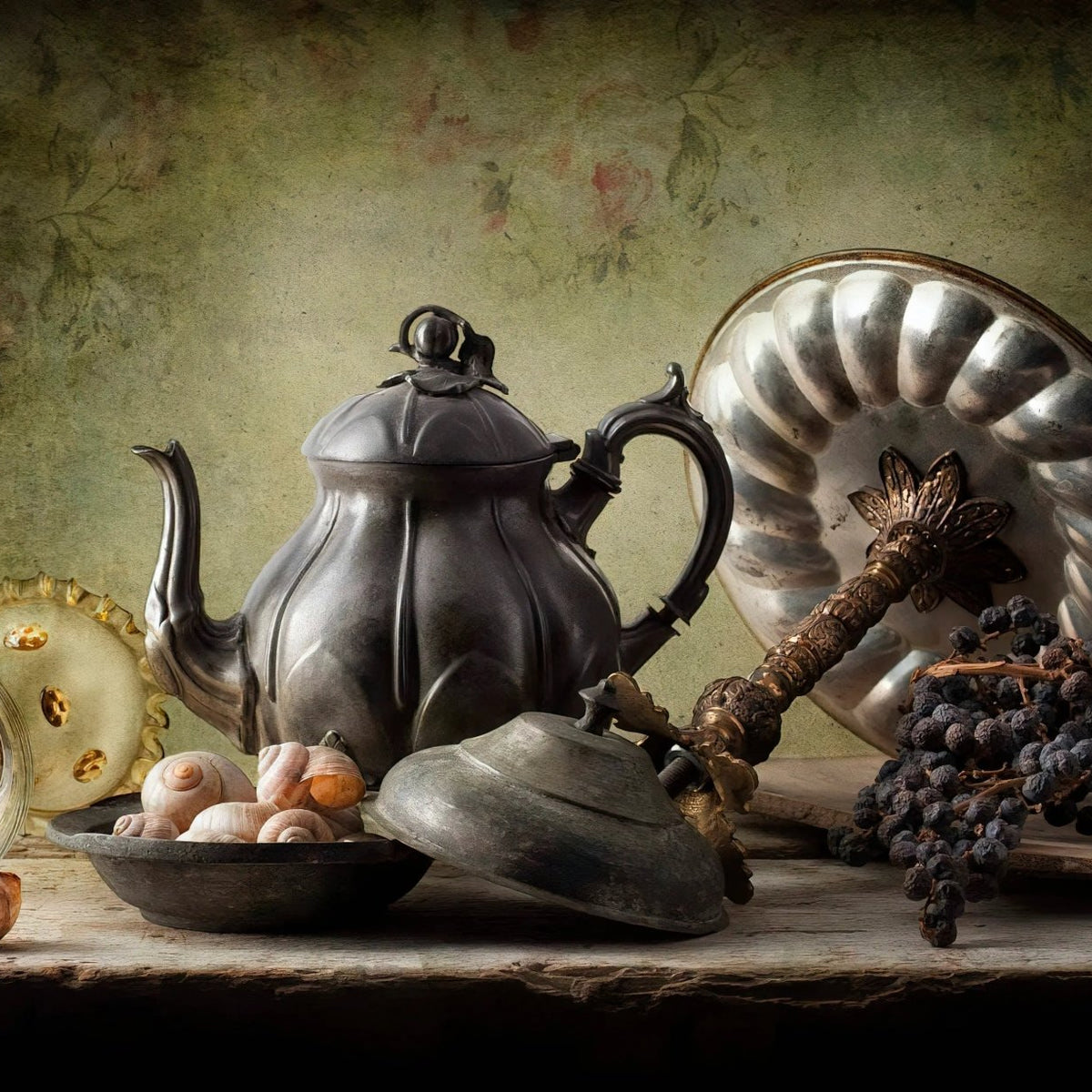 Still Life Oil Painting - Vintage Metalware, Shells and Dried Fruits - Oil Painting Haven