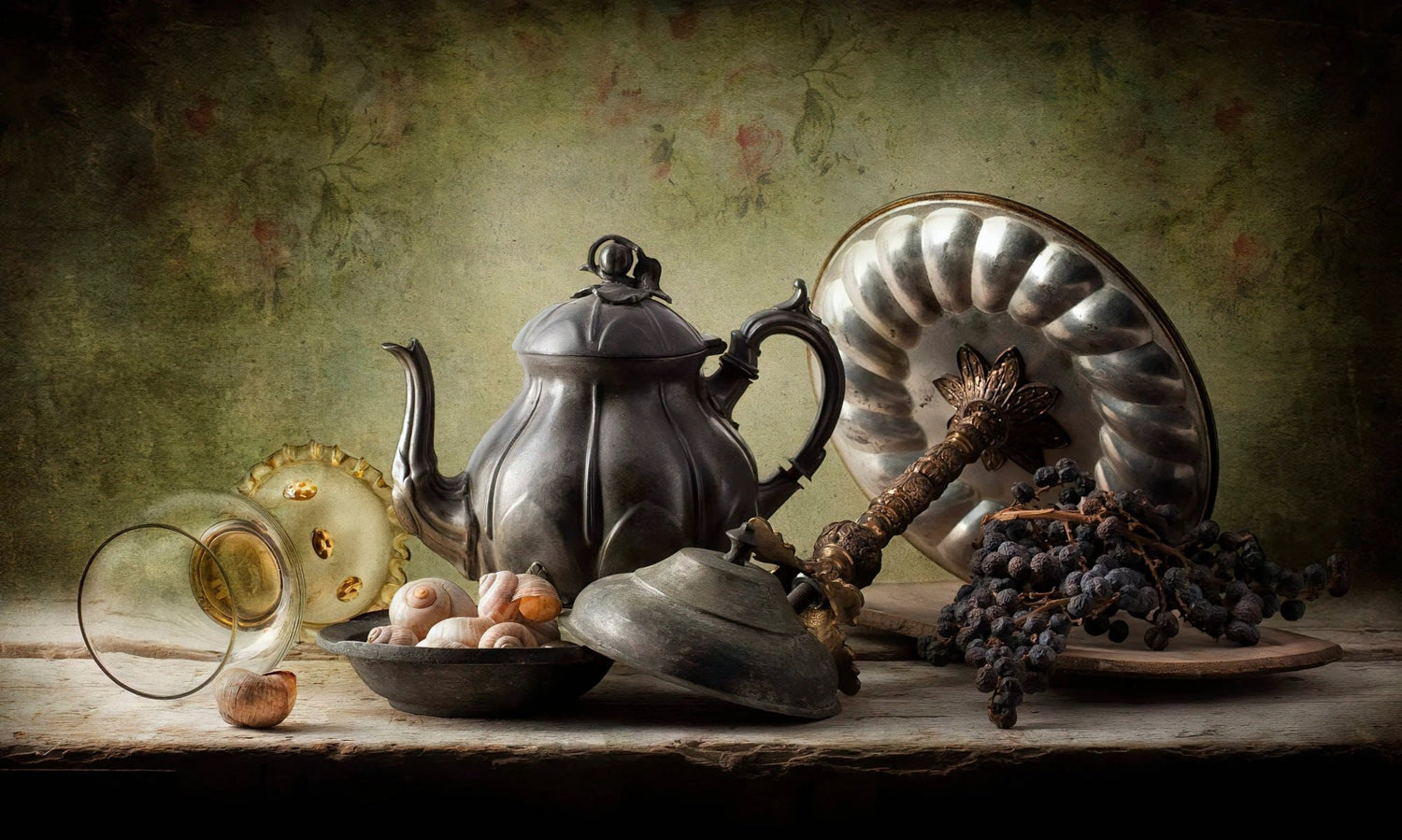 Still Life Oil Painting - Vintage Metalware, Shells and Dried Fruits - Oil Painting Haven