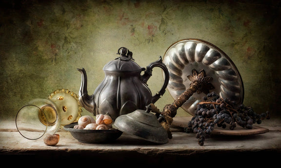 Still Life Oil Painting - Vintage Metalware, Shells and Dried Fruits - Oil Painting Haven