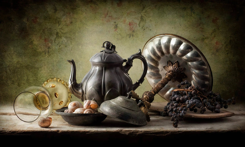 Still Life Oil Painting - Vintage Metalware, Shells and Dried Fruits - Oil Painting Haven