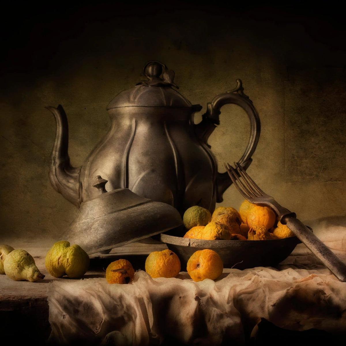 Still Life Oil Painting - Vintage Teapot, Fruits and Utensil - Oil Painting Haven