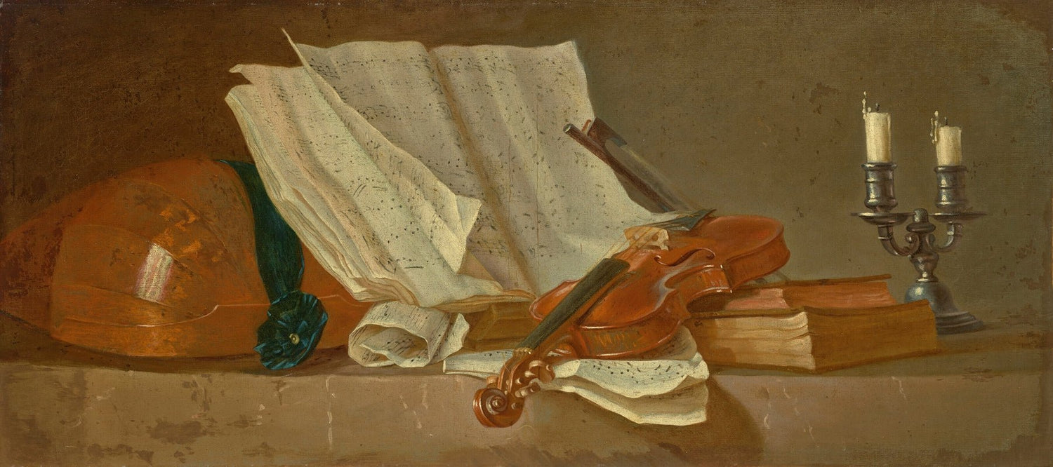 Still Life Oil Painting - Violin, Books and Candles - Oil Painting Haven